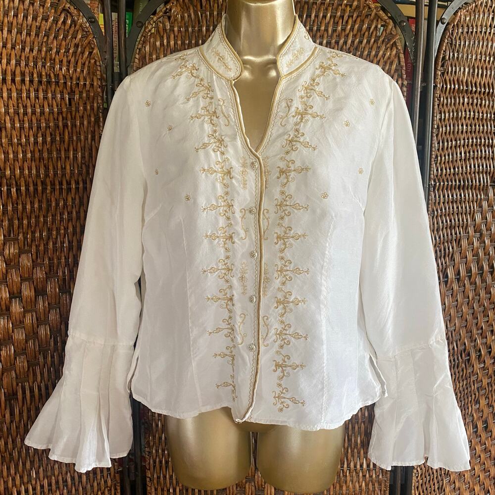 Size L//Vintage Y2K Silk Top with Gold Embroidery and Ruffle Cuffs